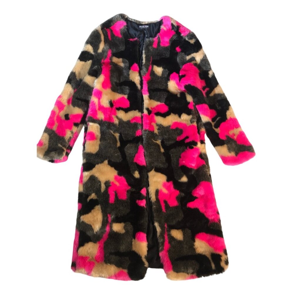 Fashion Nova Womens Camouflage Pink & Tan Faux Fur Long Coat